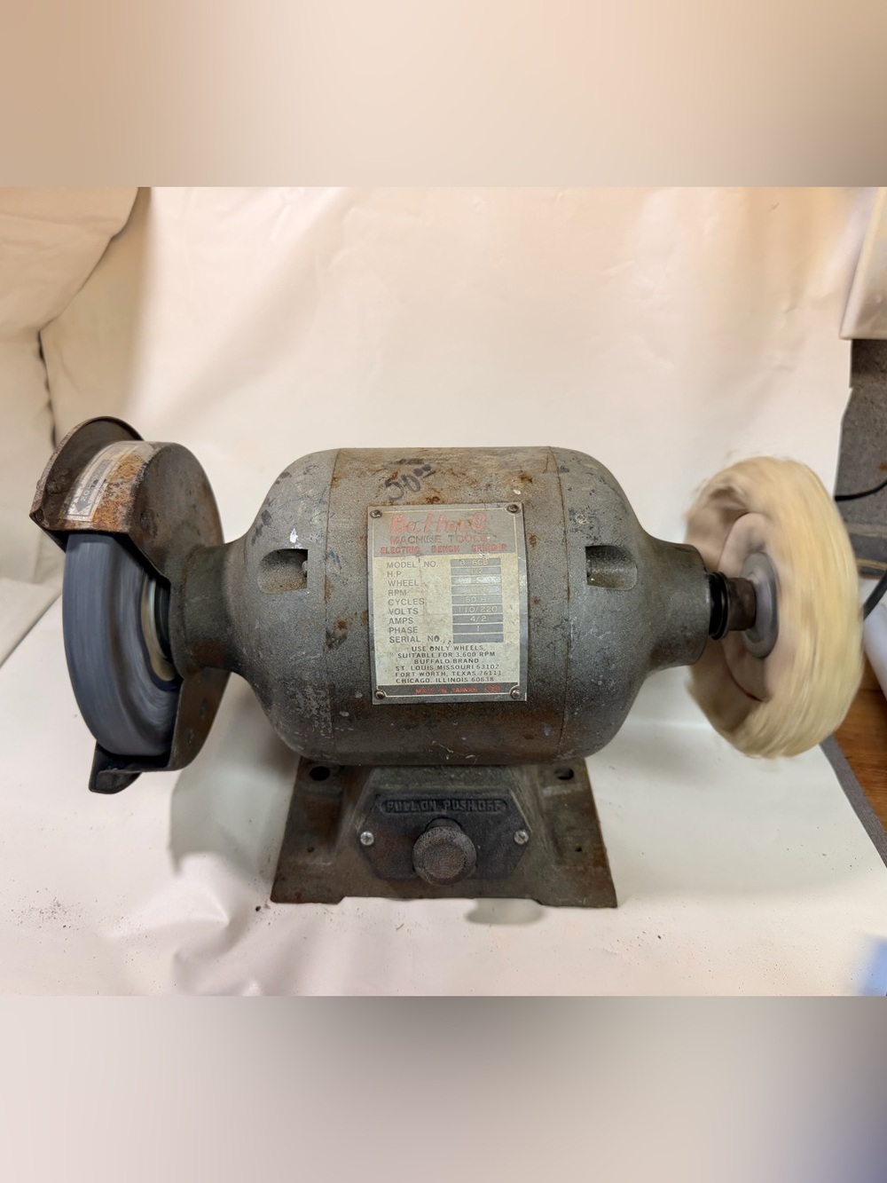 Vintage Buffalo B-6CB 6" Bench Grinder 1/2 HP 3450 RPM Heavy Duty Tested Works